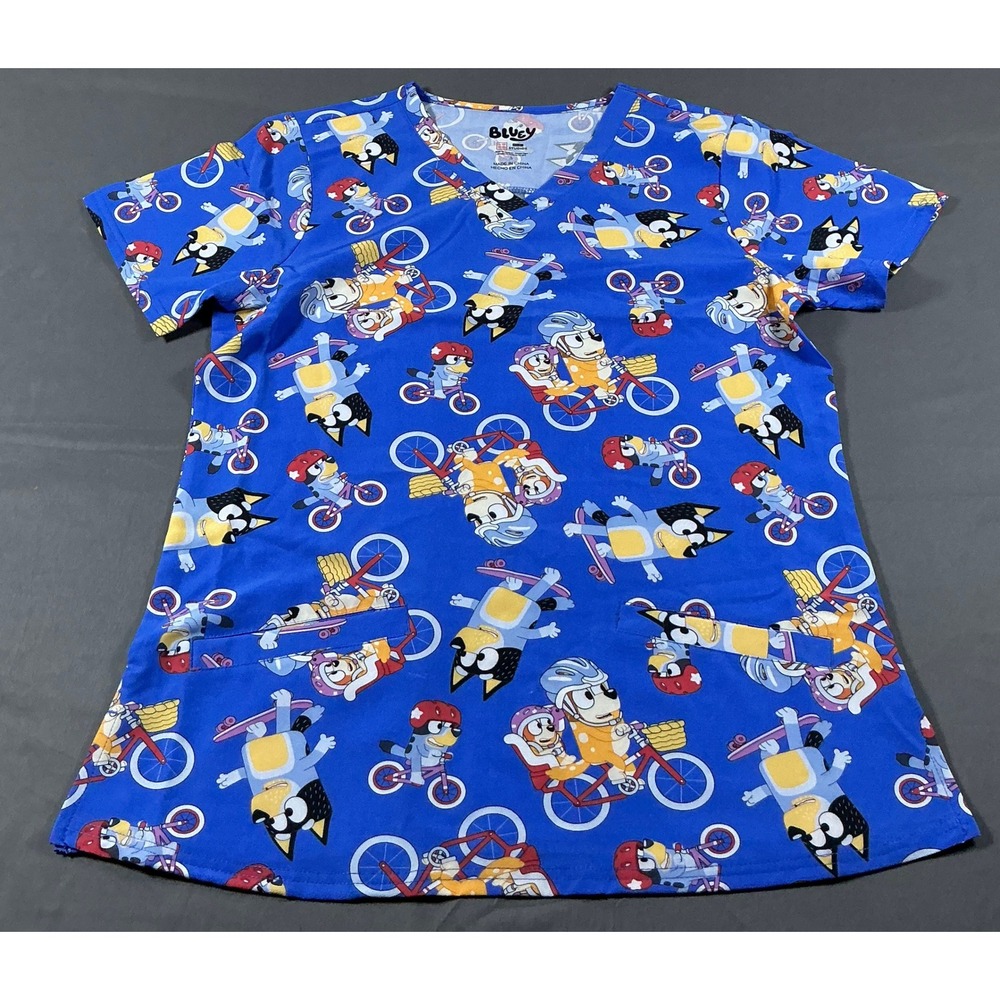 Bluey Womens Scrub Top Royal‎ Blue Character Print V-Neck Small 1FP115AJRWT